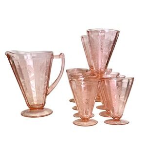 Pink Depression Glass Pitcher Set With Ten Footed Glasses, Etched Floral Design